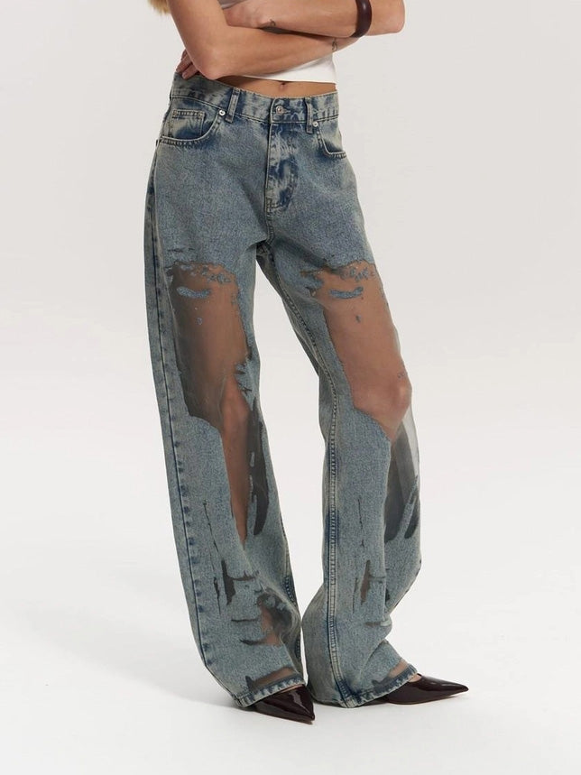 Blauwe Doorzichtige Jeans