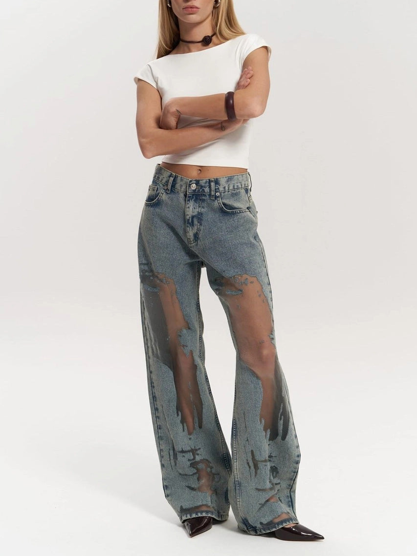 Blauwe Doorzichtige Jeans