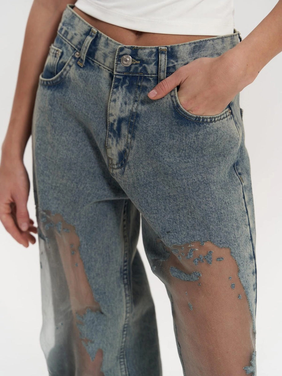 Blauwe Doorzichtige Jeans